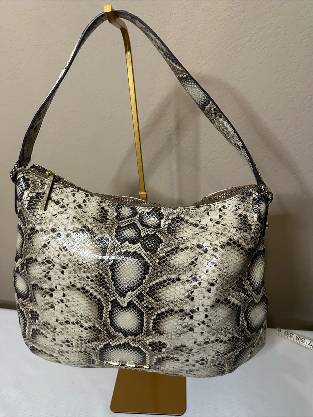 Snake-Print Hobo Shoulder Bag in Beige and Black
